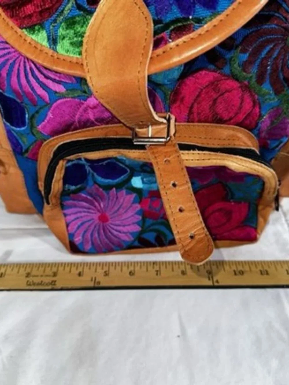 Multicolor Tapestry Embroidered Fabric Tan Leather Trim Drawstring Backpack
